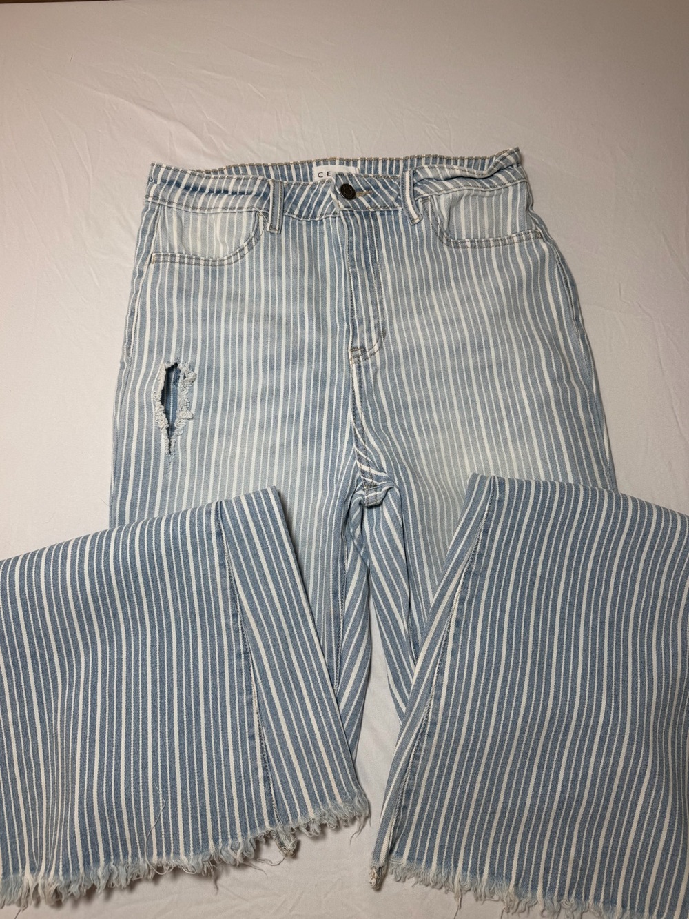 CELLO Striped Light Wash High Rise Flared Denim Jeans Distressed Fringe Hem